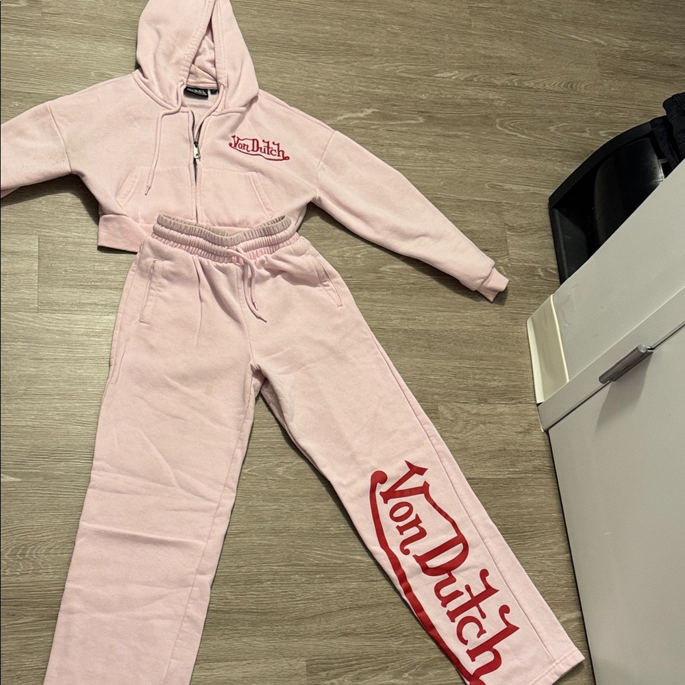 Von Dutch Light Pink Tracksuit with Red Logo